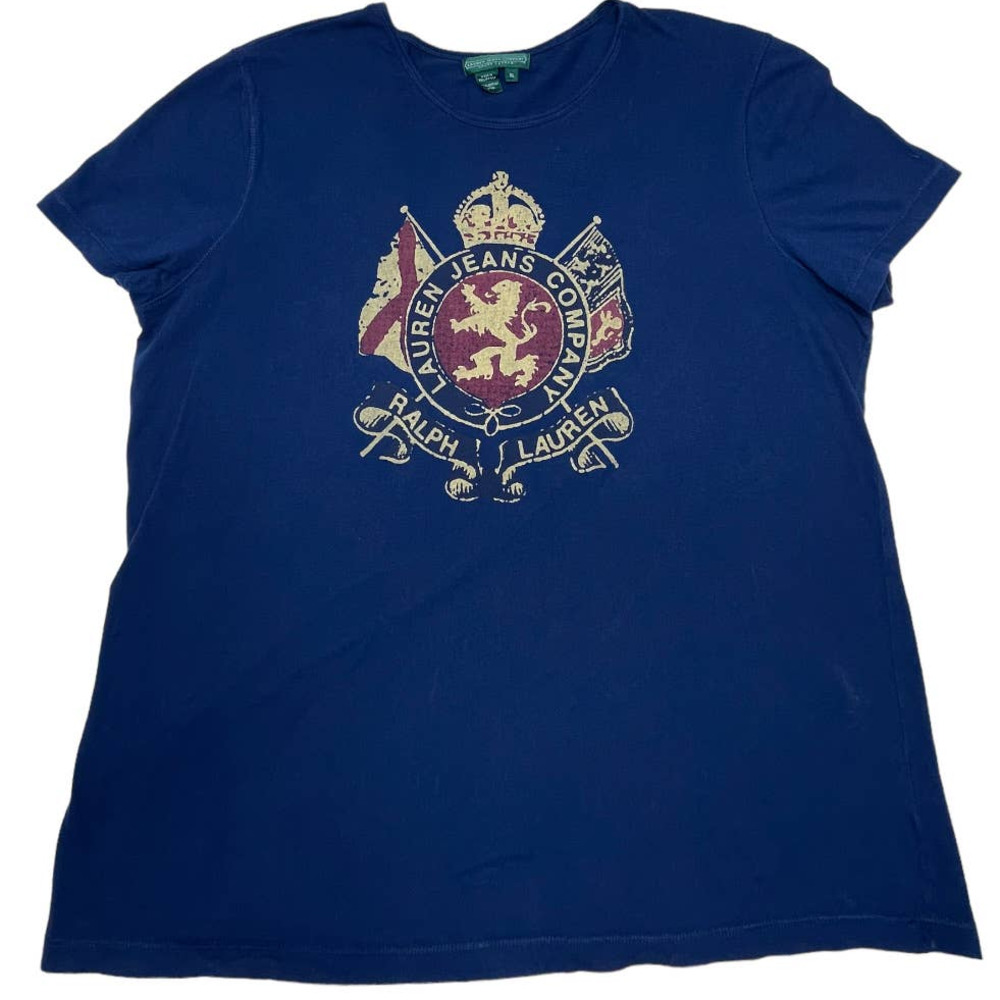 Ralph Lauren Women's Navy and Burgundy  Coat Of Arms T-Shirt Size Large